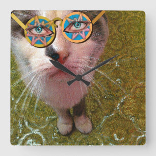 Reloj Cuadrado Wise Cat Human Eyes and Funny Glasses Poster