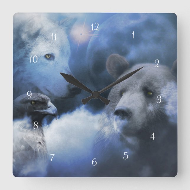 Reloj Cuadrado Wolf Bear y Eagle Native American (Anverso)