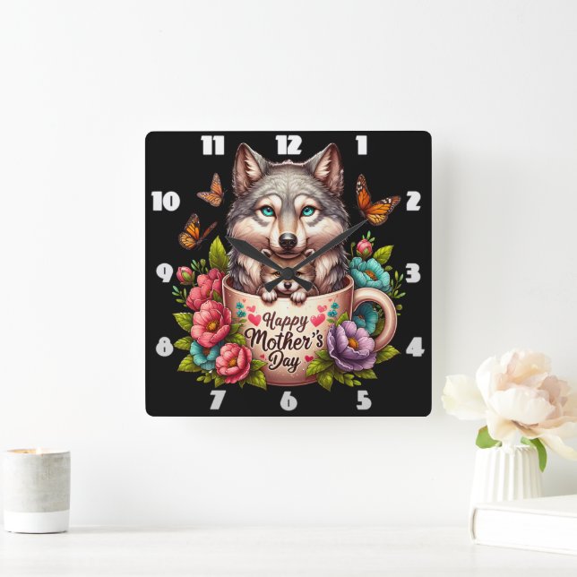 Reloj Cuadrado Wolf Mom: Perlas, flores, Día de la Madre (Hogar)