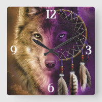 Wolf y Dream Catcher Square Wall Clock