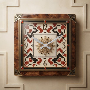 Reloj Cuadrado Wood Grain Art Deco Luxury Cross Stitch Gemstone