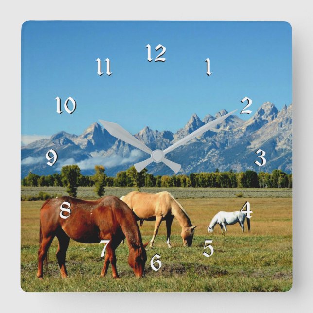 Reloj Cuadrado Wyoming, Montañas Teton, con caballos de jadeo (Anverso)