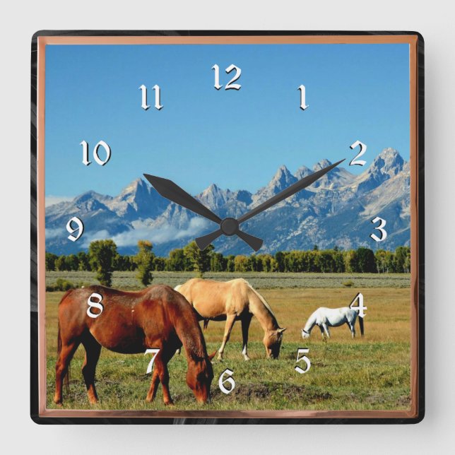 Reloj Cuadrado Wyoming, Montañas Teton, con caballos de jadeo (Anverso)