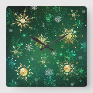 Reloj Cuadrado Xmas copos de nieve dorados sobre fondo verde