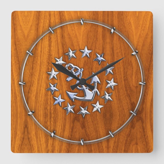Reloj Cuadrado Yacht Flag Symbol on Nautical Teak Wood Print (Anverso)