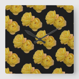 Reloj Cuadrado Yellow And Black Rose Pattern, Large Wall Clock.