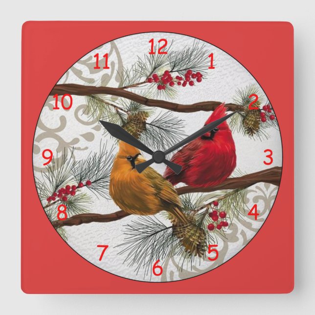 Reloj Cuadrado Yellow and Red Cardinals (Anverso)