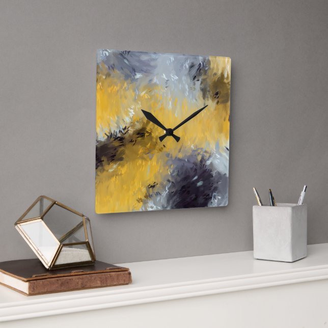 Reloj Cuadrado  Yellow Black Gray White Abstract Brushstrokes  (Oficina)