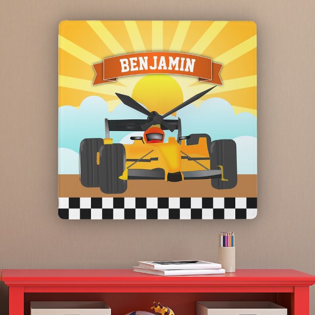 Reloj Cuadrado Yellow Orange Race Car Personalized Name Kids Room (Subido por el creador)
