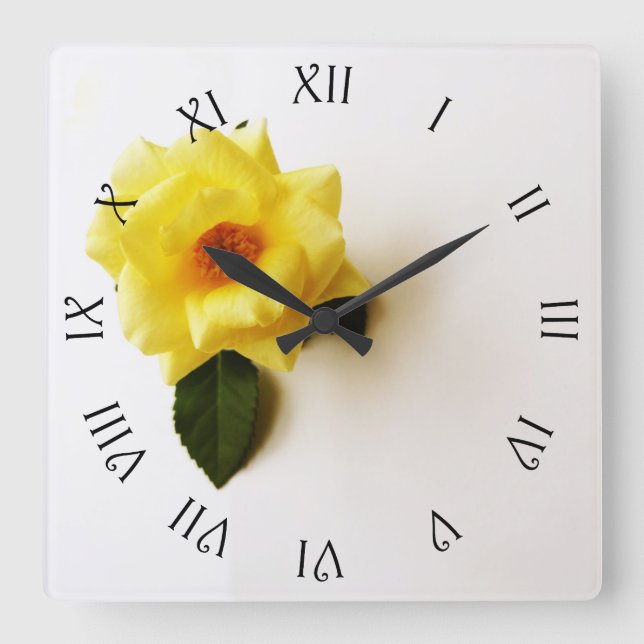 Reloj Cuadrado Yellow Rose On White Black Script Roman wc (Anverso)