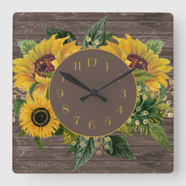 Reloj Cuadrado Yellow Sunflower Rustic Wood Country (Anverso)