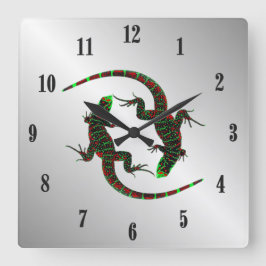 Reloj Cuadrado Yin Yang Lizards Silver Black Numbers