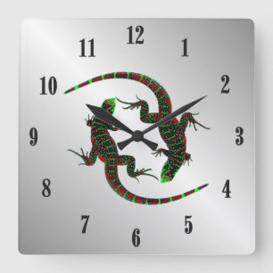 Reloj Cuadrado Yin Yang Lizards Silver Black Numbers