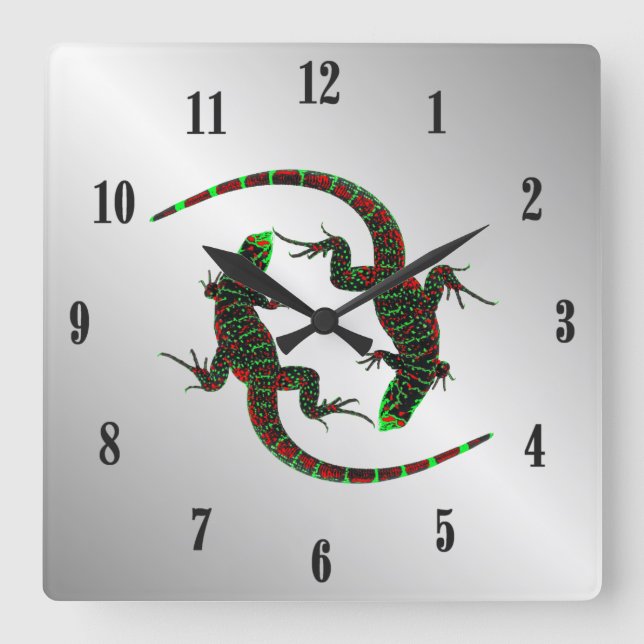 Reloj Cuadrado Yin Yang Lizards Silver Black Numbers (Anverso)