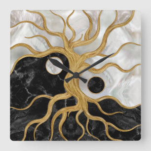 Reloj Cuadrado Yin Yang Tree - Marbles y oro