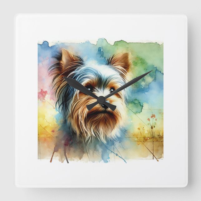 Reloj Cuadrado Yorkshire Terrier 080724AREF106 - Watercolor (Anverso)