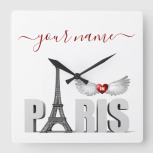 Reloj Cuadrado Your Name in Paris Eiffel Tower Heart Angel Wings