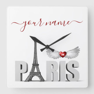 Reloj Cuadrado Your Name in Paris Eiffel Tower Heart Angel Wings