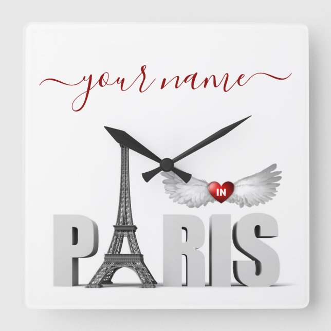 Reloj Cuadrado Your Name in Paris Eiffel Tower Heart Angel Wings (Anverso)