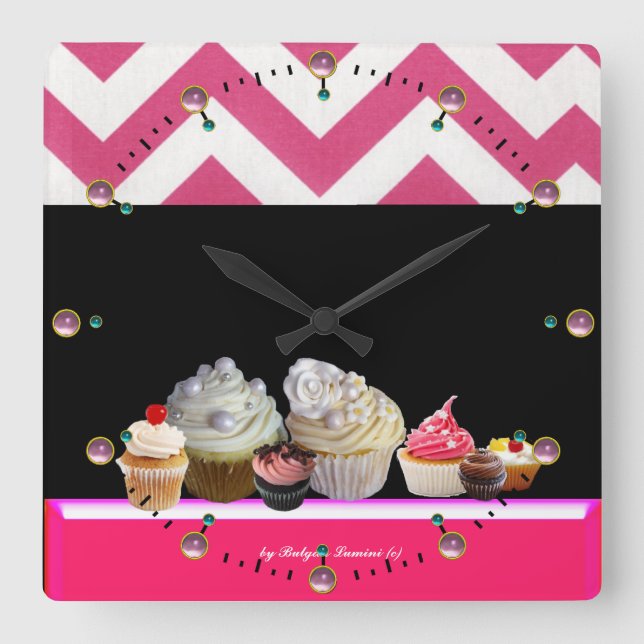 Reloj Cuadrado YUMMY COLORFUENTE CUPCAKES DESERT SHOP Chevron ros (Anverso)