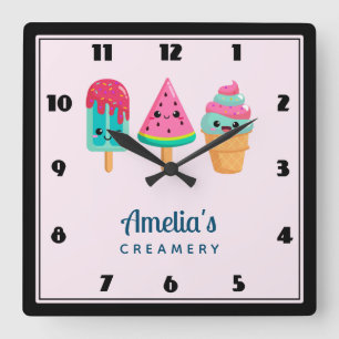 Reloj Cuadrado Yummy Ice Cream Trio Vibe de verano Cocina de nego