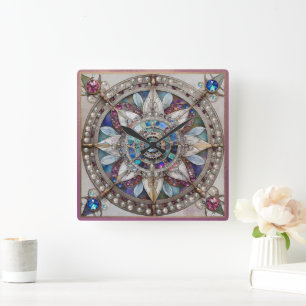 Reloj Cuadrado Zafiros Rosas y Azules Diamantes Perlas Mandala