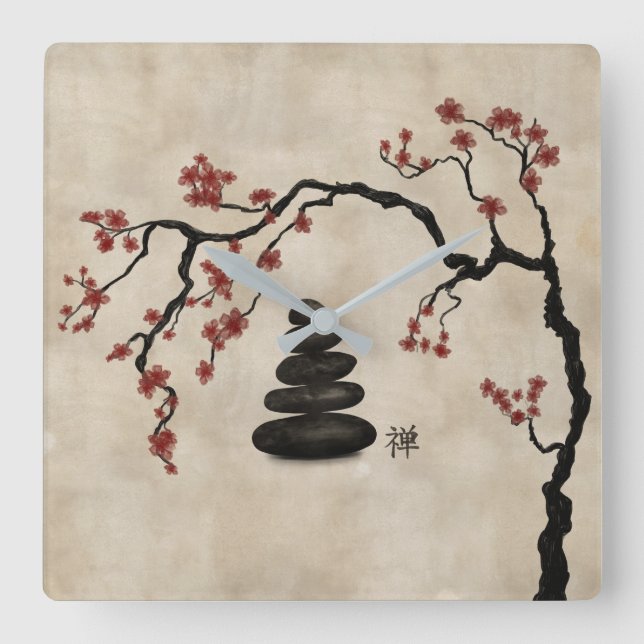 Reloj Cuadrado Zen stones Sakura Tree (Anverso)