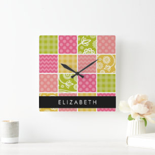 Reloj Cuadrado Zigzag, Chevron, Polka Dots, Gingham, Su Nombre