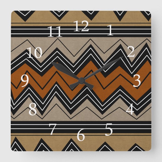 Reloj Cuadrado Zigzags africanos y números blancos (Anverso)