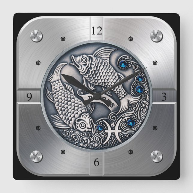 Reloj Cuadrado Zodiac ~ Pisces ~ Celestial ~ Astrología occidenta (Anverso)