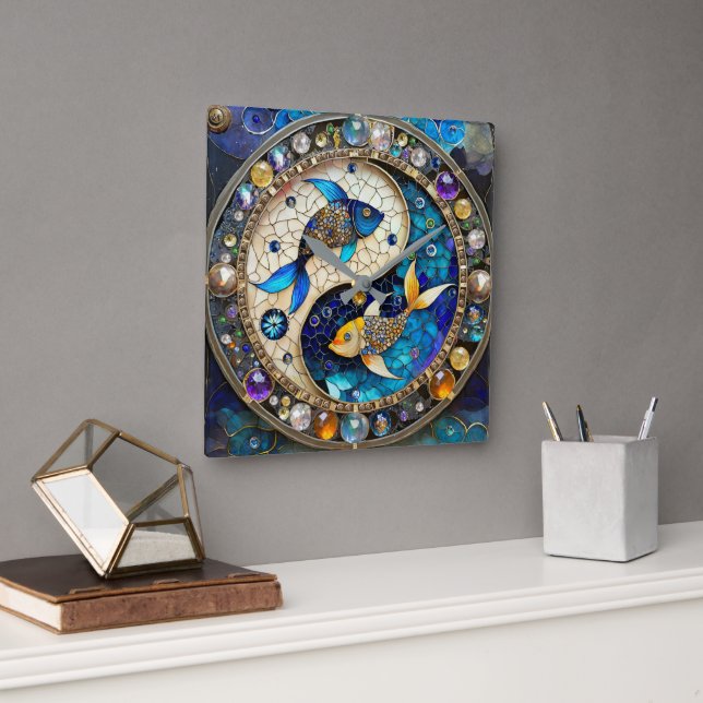 Reloj Cuadrado Zodiac - Pisces Fish Yin y Yang (Oficina)