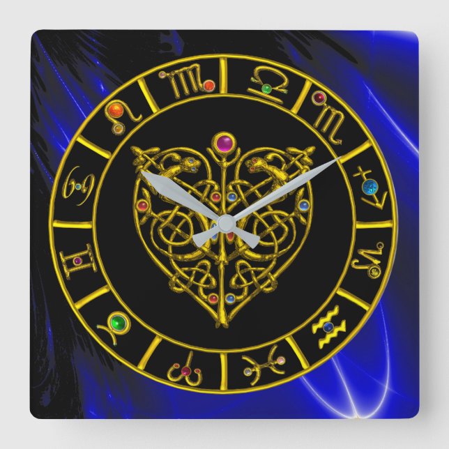 Reloj Cuadrado ZODIACAL SIGNS IN BLUE,GOLD ASTRAL HEART Astrology (Anverso)