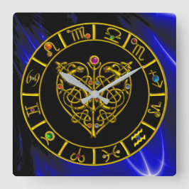 Reloj Cuadrado ZODIACAL SIGNS IN BLUE,GOLD ASTRAL HEART Astrology