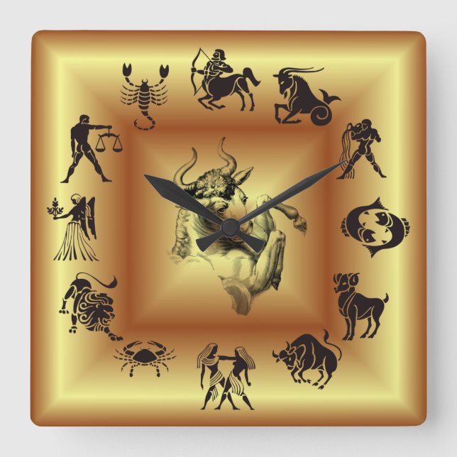 Reloj Cuadrado Zodiaco de oro ~ Rótulos astrológicos ~ Tauro ~ (Anverso)