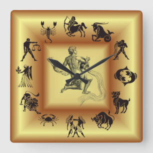 Reloj Cuadrado Zodíaco de Oro ~ Signos Astrológicos ~ Acuario ~