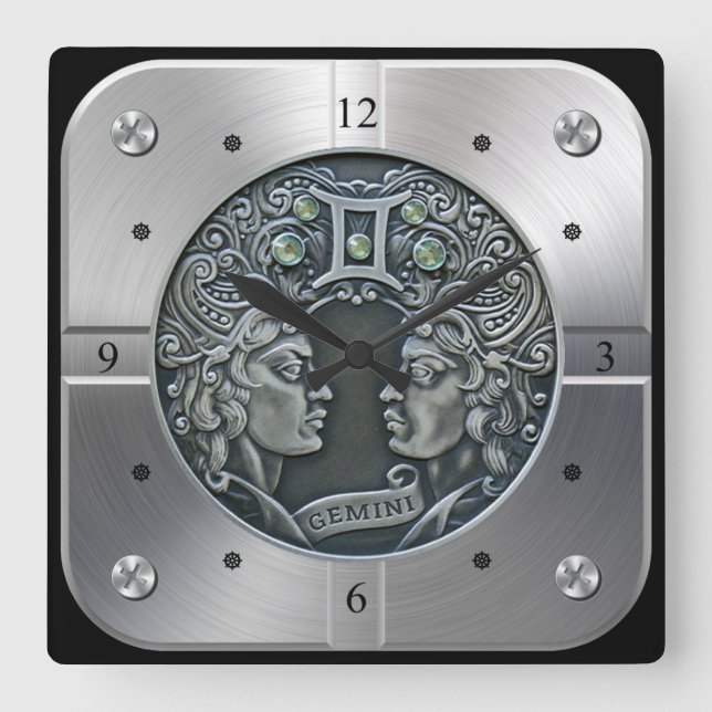 Reloj Cuadrado Zodiaco ~ Géminis ~ Celeste ~ Astrología Occidenta (Anverso)