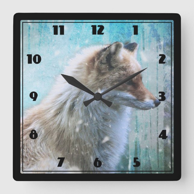 Reloj Cuadrado Zorro de Furry Cute en fondo azul grunge (Anverso)