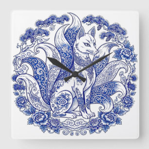 Reloj Cuadrado Zorro de nueve colas Kitsune Imari estilo azul bla