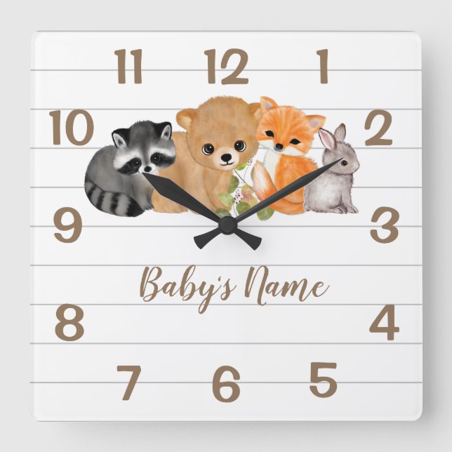 Reloj Cuadrado Zorro Oso Raccoon Bunny Nursery Decoración Clocks  (Anverso)