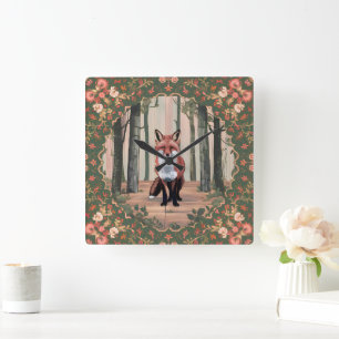 Reloj Cuadrado Zorro vintage en el bosque Arte inspirado en la na