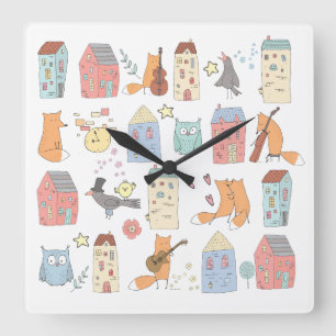 Reloj Cuadrado Zorros/búhos/casas/niños/nursery blancos
