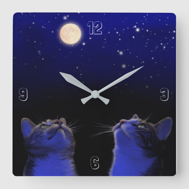 Reloj Cuadrado Zwei Katzen beobachten Mond und Sterne (Anverso)