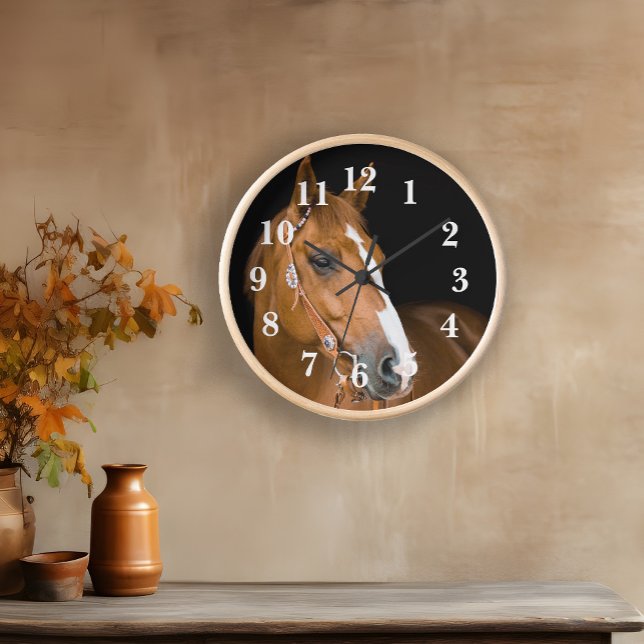 Reloj Cuarto de foto de caballo marrón blanco numerado (Quarter-horse round wall clock)