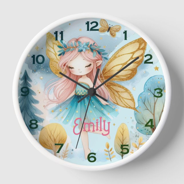 Reloj Cumpleaños de los Fairy Verde azulada Gold Pink Pr (Anverso)