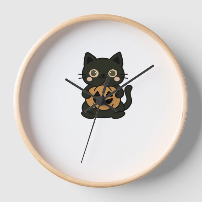 Reloj Cute gato negro sujetando calabaza de Jack O Lante (Anverso)