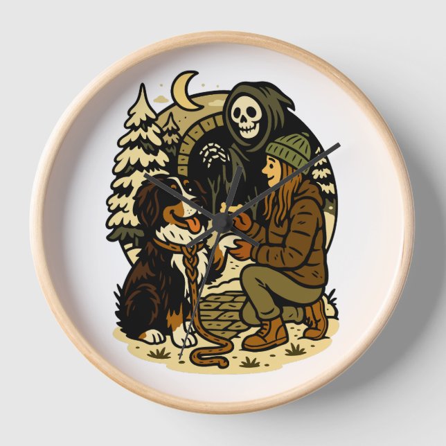 Reloj Cute Grim Reaper Girl and Dog Spooky Forest Night (Anverso)