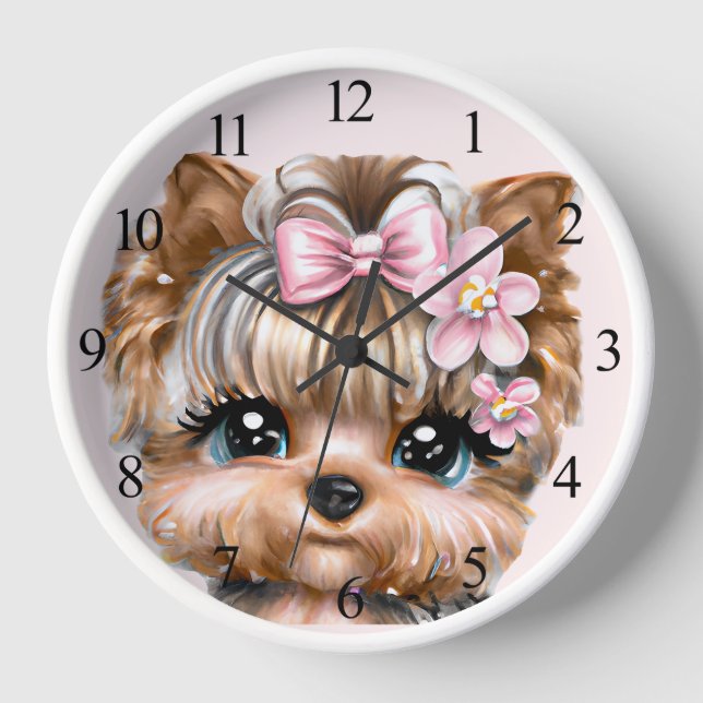 Reloj Cute Yorkie con un compadre rosado (Anverso)