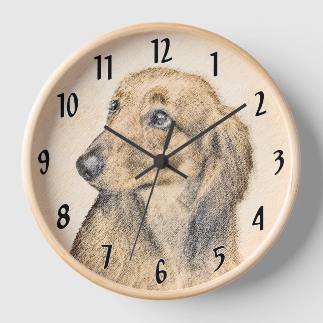 Reloj Dachshund (de cabello largo) Pintura original de a (Anverso)