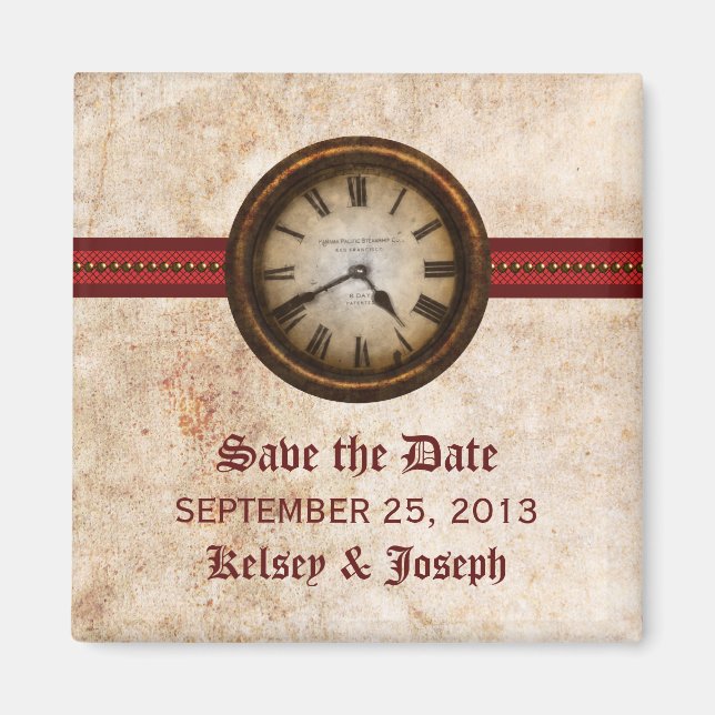 Reloj de antigüedades rojas Guardar imán de fecha (Frente)