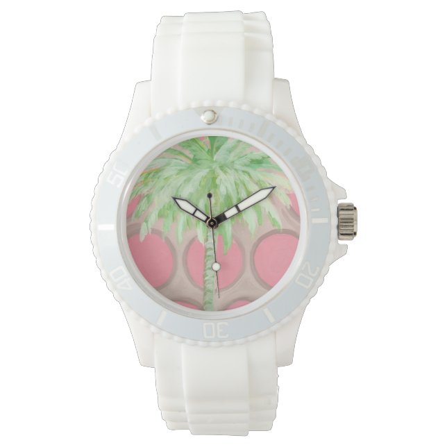 Reloj de árbol de palmas de punto de polka rosa (Anverso)